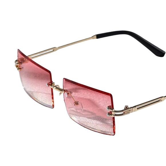 VINTAGE Rimless Rectangular Pink Tinted Fashion Sunglasses Gold Frame Unisex NEW - Picture 8 of 8